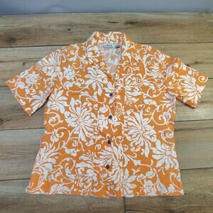 Chico's 100% Linen Orange White Floral Button Down Shirt Top Size 1 Medium Resor